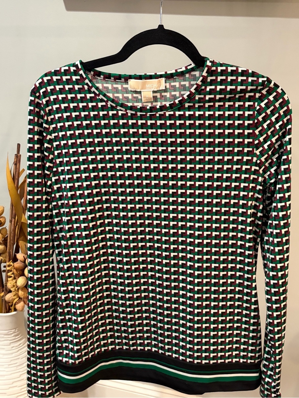 MICHAEL Michael Kors Black, Green & White Geometric Long-Sleeve Top